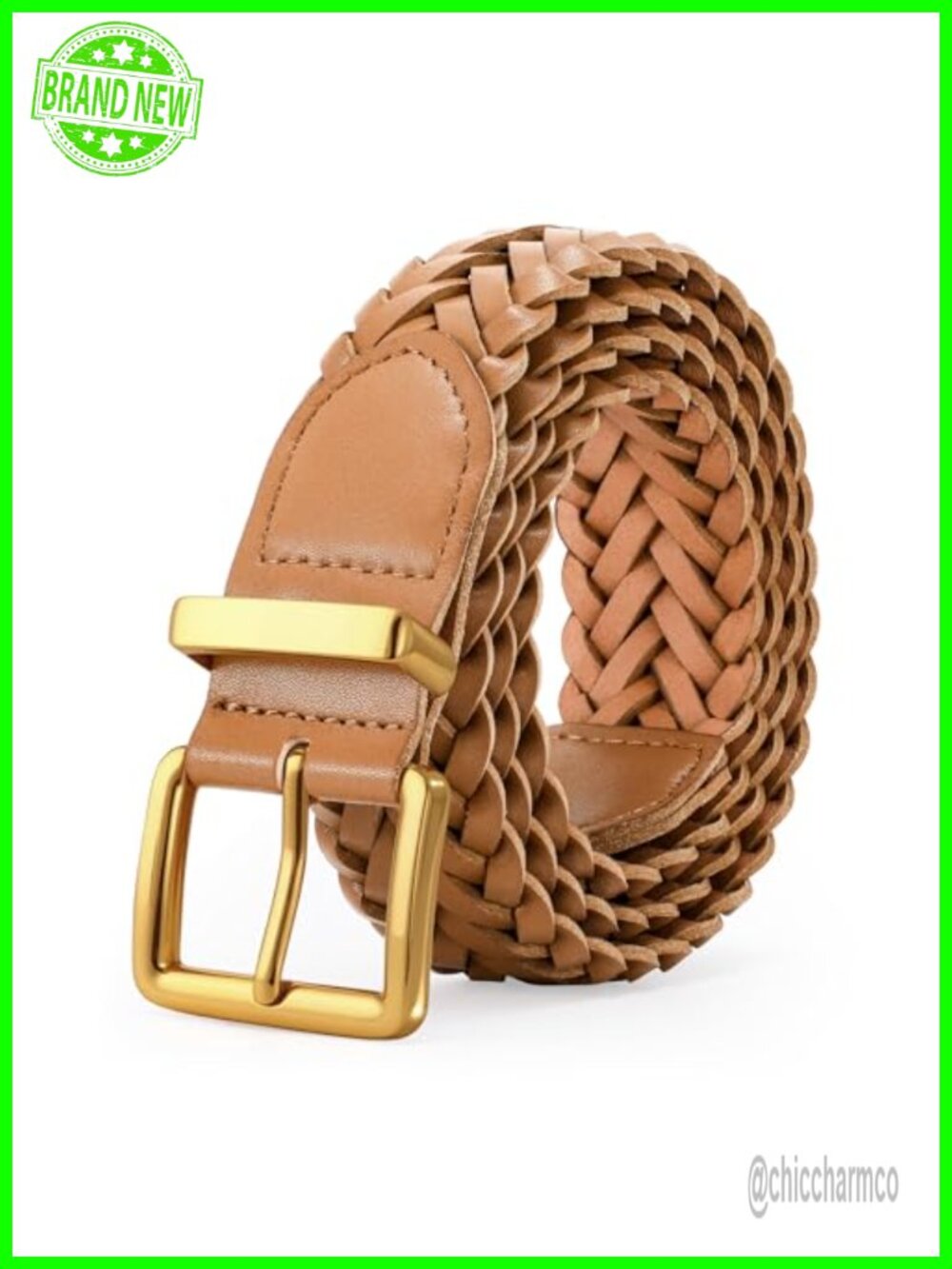 Woven Microfiber PU Leather Braided Belt with Gold Buckle Hole-Free Adjustable